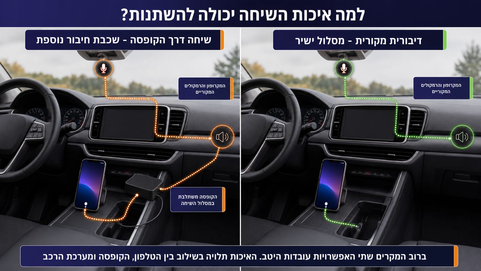 השוואה בין שיחה דרך הדיבורית המקורית של הרכב לבין שיחה דרך קופסת האנדרואיד