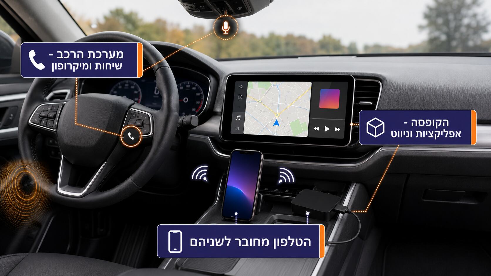 חלוקת התפקידים בין הטלפון הסלולרי, קופסת האנדרואיד והדיבורית המקורית של הרכב
