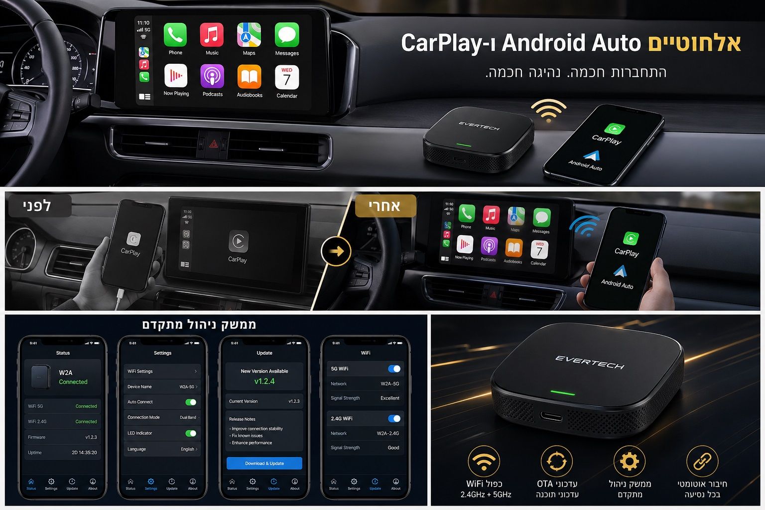 מתאם CarPlay ו-Android Auto אלחוטי לרכב