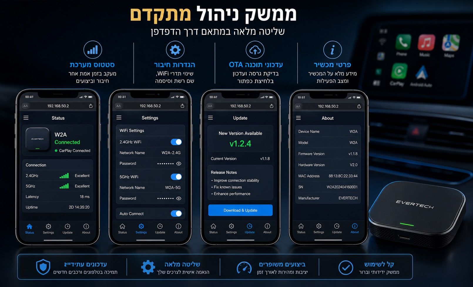 ממשק ניהול מתקדם למתאם CarPlay אלחוטי